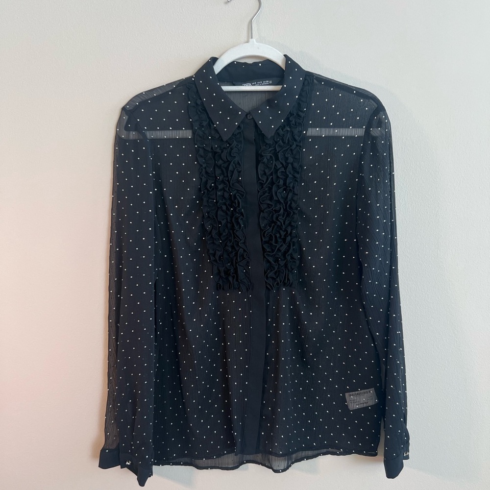 Zara Black Sheer Polka Dot Blouse